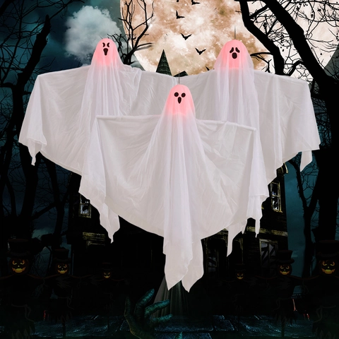 Halloween Hängende Geist Dekoration Mit Rotem LED Licht Weißer Stoff Leuchtender Geist Anhänger Für Spukhaus Party Garten Deko