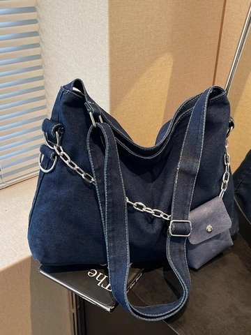 Large Capacity Denim Tote Bag For Women Vintage Washed Single Shoulder Bag With Metal Chain And Hanging Mini Coin Purse