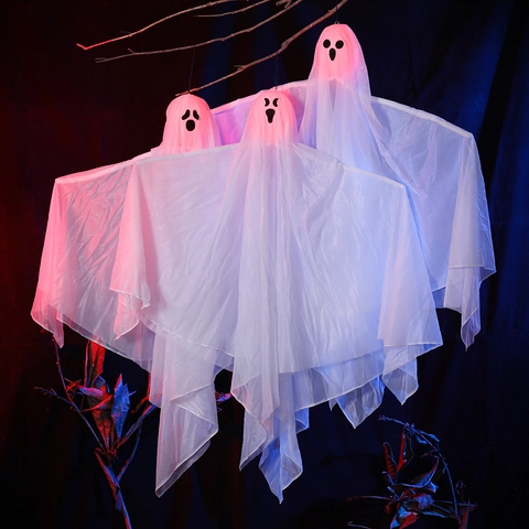 Halloween Hängende Geist Dekoration Mit Rotem LED Licht Weißer Stoff Leuchtender Geist Anhänger Für Spukhaus Party Garten Deko