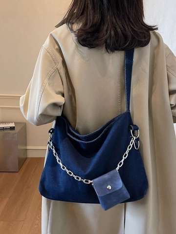Large Capacity Denim Tote Bag For Women Vintage Washed Single Shoulder Bag With Metal Chain And Hanging Mini Coin Purse