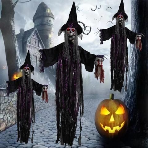 Decoración de Halloween Bruja Esqueleto Colgante Activada por Voz Ojos Brillantes Accesorio de Casa Embrujada Fantasma Animado Grande