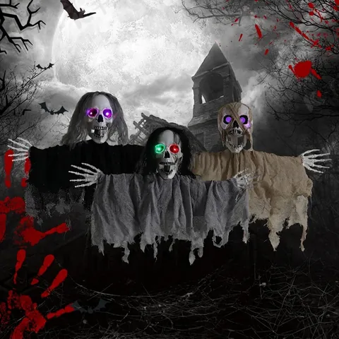 Halloween Hängende Geist Dekoration Mit LED Leuchtenden Augen Horror Totenkopf Skelett Requisite Für Geisterhaus Party Garten Deko