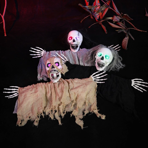 Halloween Hängende Geist Dekoration Mit LED Leuchtenden Augen Horror Totenkopf Skelett Requisite Für Geisterhaus Party Garten Deko