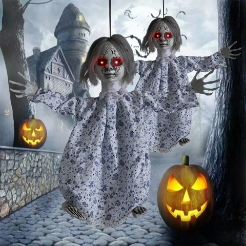 Halloween Hanging Ghost Doll Sound Activated LED Glowing Eyes Scary Creepy Floral Dress Haunted House Party Decoration Prop