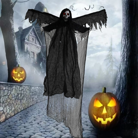 Fantasma Scheletro Appeso di Halloween Con Ali Mobili Attivazione Vocale Occhi Rossi Luminosi Mietitore Volante per Decorazioni Festa Casa Stregata