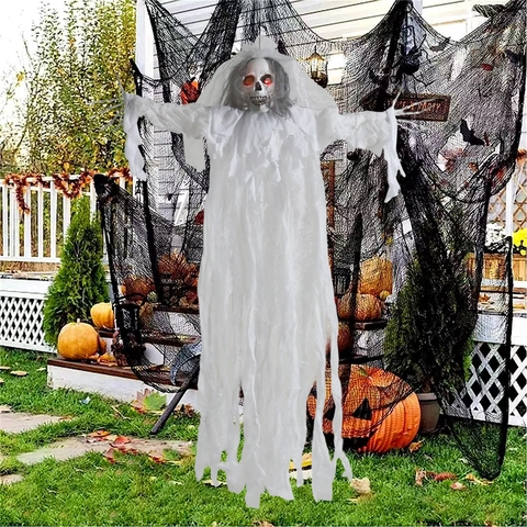 Halloween Voice Activated Glowing Hanging Skeleton Ghost Prop Large Vibrating Grim Reaper Decor For Haunted House Party