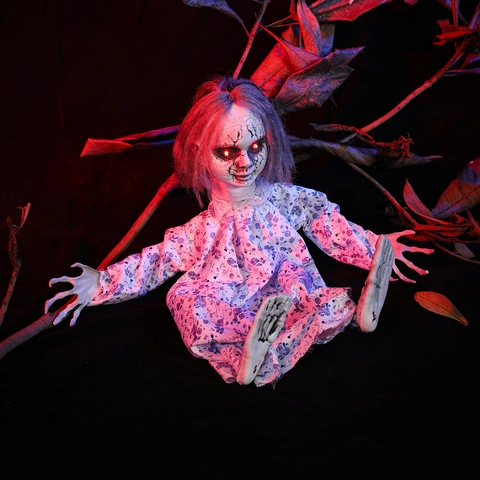 Halloween Hanging Ghost Doll Sound Activated LED Glowing Eyes Scary Creepy Floral Dress Haunted House Party Decoration Prop