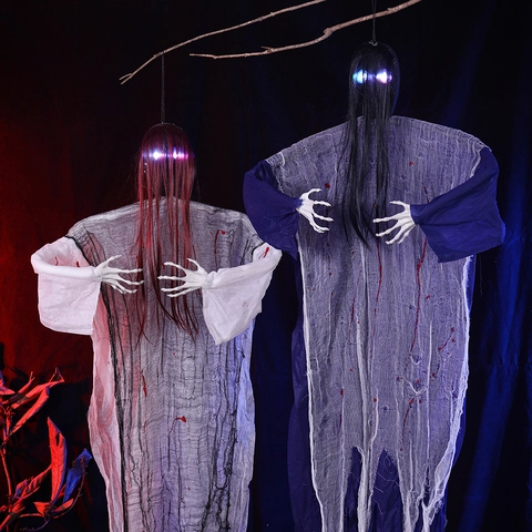 Fantasma Appeso di Halloween Luminoso Spaventoso Capelli Lunghi Tunica Macchiata di Sangue Decorazione del Bar della Casa Stregata Oggetti di Scena Horror Occhi LED Braccia Pieghevoli