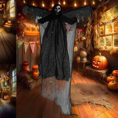 Fantasma Scheletro Appeso di Halloween Con Ali Mobili Attivazione Vocale Occhi Rossi Luminosi Mietitore Volante per Decorazioni Festa Casa Stregata