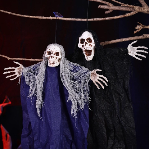 Halloween Hängende Skelett Geist Deko Mit Saugnapf Zerfetztes Netz Sensenmann Requisite Für Spukhaus Party Innen Außen