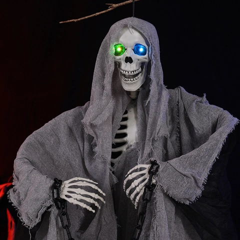 Halloween Hanging Ghost Glowing LED Eyes Reaper Skeleton With Plastic Chains For Haunted House Party Secret Room Scary Horror Prop Decoration