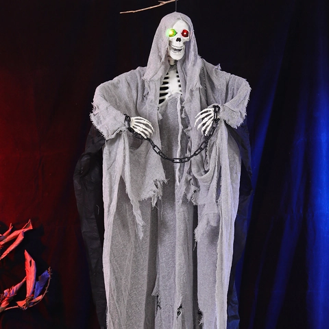 Halloween Hanging Ghost Glowing LED Eyes Reaper Skeleton With Plastic Chains For Haunted House Party Secret Room Scary Horror Prop Decoration