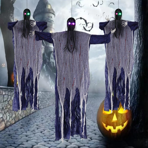 Fantasma Appeso di Halloween Luminoso Spaventoso Capelli Lunghi Tunica Macchiata di Sangue Decorazione del Bar della Casa Stregata Oggetti di Scena Horror Occhi LED Braccia Pieghevoli