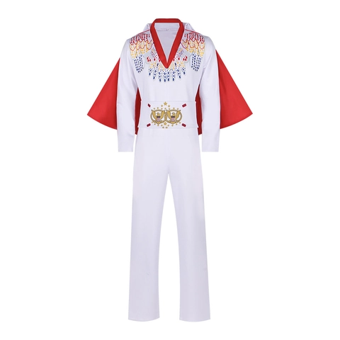 Rockstar Kostüm Herren Retro Weißer Einteiler Mit Rotem Umhang Adler Muster Bühne Performance Cosplay Outfit Für Halloween Party