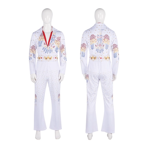 Rock Zanger Cosplay Kostuum Retro Witte Jumpsuit Met Adelaar Patroon Opstaande Kraag Voor Halloween Optreden Outfit Unisex