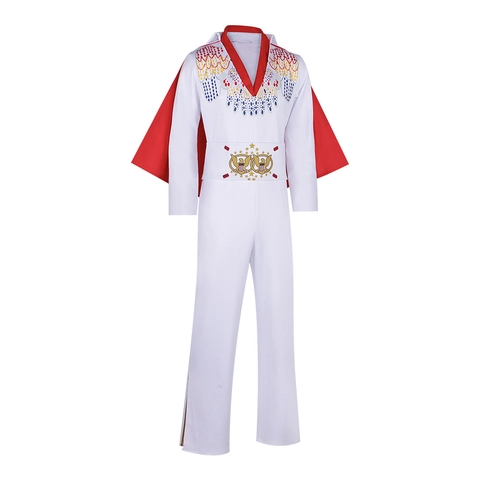 Rockstar Kostüm Herren Retro Weißer Einteiler Mit Rotem Umhang Adler Muster Bühne Performance Cosplay Outfit Für Halloween Party