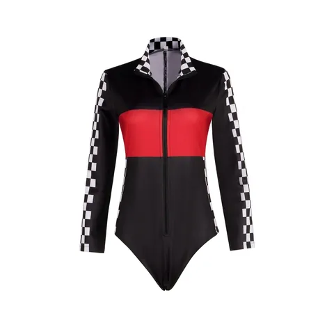 Women Long Sleeve Racing Girl Bodysuit Zipper Checkered Flag VIP Print Cosplay Performance Jumpsuit With Net Stockings