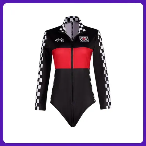 Damen Langarm Rennfahrer Bodysuit Reißverschluss Karo Flagge VIP Druck Cosplay Performance Jumpsuit Mit Netzstrümpfen