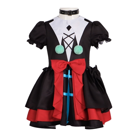 Gothic Lolita Cosplay Costume Dress For Women Kids Halloween Party Outfit With Red Bow Green Pompoms Polyester Dress