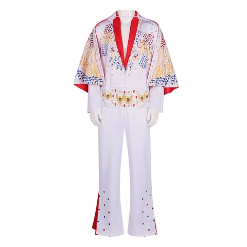 Tuta Bianca da Cantante Rock Con Mantello Costume da Scena Vintage Motivo Aquila Stella Paillettes per Adulti Festa