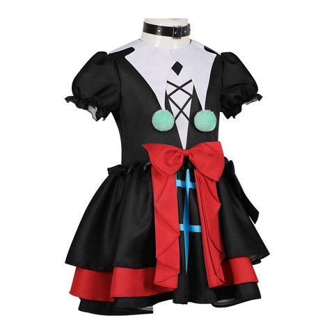 Gothic Lolita Cosplay Costume Dress For Women Kids Halloween Party Outfit With Red Bow Green Pompoms Polyester Dress