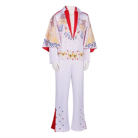 Tuta Bianca da Cantante Rock Con Mantello Costume da Scena Vintage Motivo Aquila Stella Paillettes per Adulti Festa