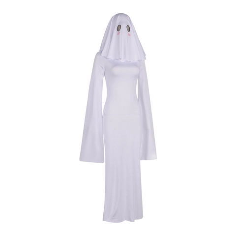 Women Cute Halloween Ghost Girl Cosplay Costume White Backless Flared Sleeve Long Dress And Ghost Mask Party Outfit