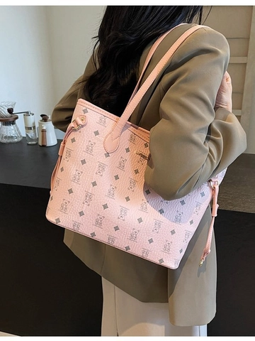 Fashion Women Bear Print Tote Bag Large Capacity PU Leather Shoulder Bag Casual Monogram Handbag Commuting Shopping Bag