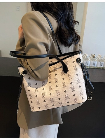 Fashion Women Bear Print Tote Bag Large Capacity PU Leather Shoulder Bag Casual Monogram Handbag Commuting Shopping Bag