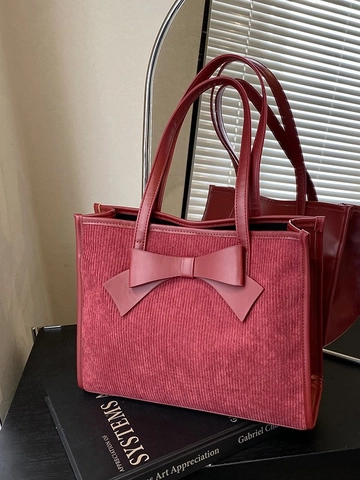 Sac Fourre-tout en Velours Côtelé Vintage pour Femmes Grande Capacité Nœud Sac à Épaule Mode Décontracté Main Rouge Vin