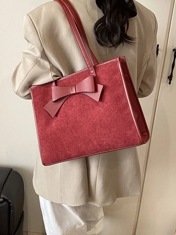 Sac Fourre-tout en Velours Côtelé Vintage pour Femmes Grande Capacité Nœud Sac à Épaule Mode Décontracté Main Rouge Vin