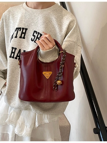 Damen Retro Eimertasche Mode PU Leder Handtasche Mit Dreieck Metall Logo Elegante Umhängetasche Tägliche Schultertasche