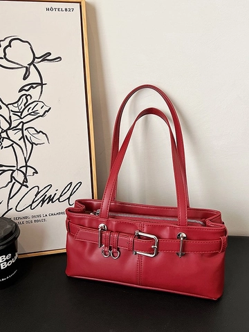 Women Fashion PU Leather Underarm Bag Vintage Baguette Shoulder Bag With Silver Metal Buckle Belt Decoration Daily Commute