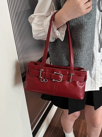 Women Fashion PU Leather Underarm Bag Vintage Baguette Shoulder Bag With Silver Metal Buckle Belt Decoration Daily Commute
