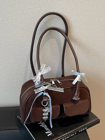 Women Vintage PU Leather Pillow Shoulder Bag With Bow Ribbon Lace Heart Pendant Large Capacity Boston Bag Underarm Bag