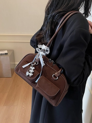 Women Vintage PU Leather Pillow Shoulder Bag With Bow Ribbon Lace Heart Pendant Large Capacity Boston Bag Underarm Bag