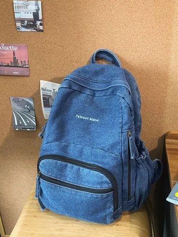 Vintage Washed Denim Backpack Large Capacity School Bag For Women Students Casual Streetwear Multi-Pocket Travel Knapsack