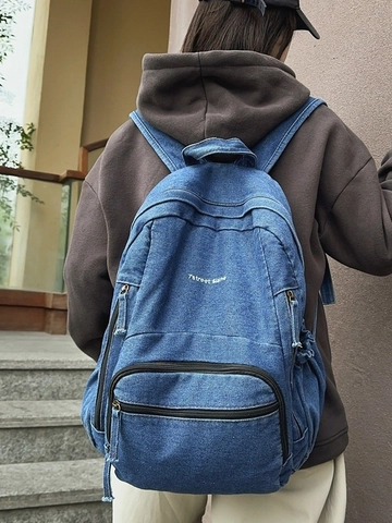 Vintage Washed Denim Backpack Large Capacity School Bag For Women Students Casual Streetwear Multi-Pocket Travel Knapsack
