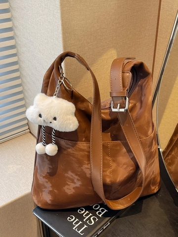Borsa a Spalla Retro in Pelle PU Grande Capacità Donna Hobo Bag Motivo Marmorizzato Con Pendente a Nuvola di Peluche
