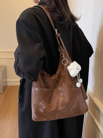 Borsa a Spalla Retro in Pelle PU Grande Capacità Donna Hobo Bag Motivo Marmorizzato Con Pendente a Nuvola di Peluche