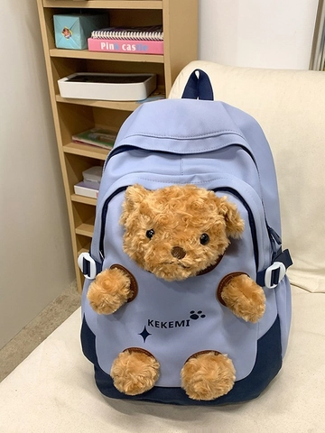 Cute 3D Plush Bear Backpack For Kids Waterproof Nylon School Bag Large Capacity Color Blocking Casual Travel Daypack For Girls