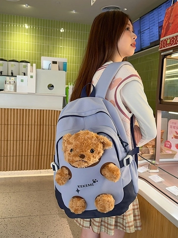 Cute 3D Plush Bear Backpack For Kids Waterproof Nylon School Bag Large Capacity Color Blocking Casual Travel Daypack For Girls