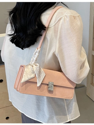 Bolso de Hombro Baguette de Cuero PU para Mujer Con Hebilla de Strass Pañuelo de Satén Decorativo Bolso Vintage para Mujer