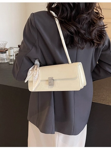 Bolso de Hombro Baguette de Cuero PU para Mujer Con Hebilla de Strass Pañuelo de Satén Decorativo Bolso Vintage para Mujer