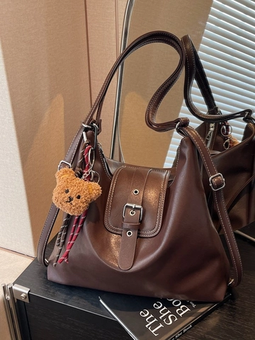 Retro Women Large Capacity PU Leather Tote Bag Multi-Functional Shoulder Crossbody Backpack With Bear Pendant Casual Bag