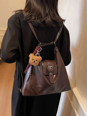 Retro Women Large Capacity PU Leather Tote Bag Multi-Functional Shoulder Crossbody Backpack With Bear Pendant Casual Bag