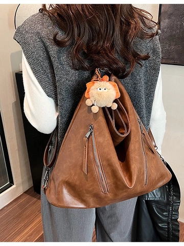 Zaino Donna Retrò Grande Capacità Borsa Tote in Pelle PU Semplice Casual Hobo Borsa a Tracolla Con Ciondolo Mostro Peluche