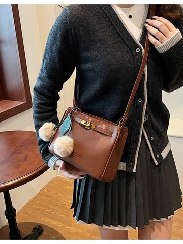 Women Vintage PU Leather Crossbody Bag Elegant Metal Lock Handbag With Cherry Plush Pendant Small Square Shoulder Bag