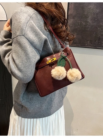 Women Vintage PU Leather Crossbody Bag Elegant Metal Lock Handbag With Cherry Plush Pendant Small Square Shoulder Bag