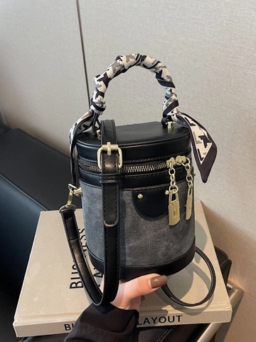 Women Vintage Color Block Cylinder Bucket Bag PU Leather Denim Patchwork Crossbody Shoulder Bag With Scarf Handle Fashion Satchel